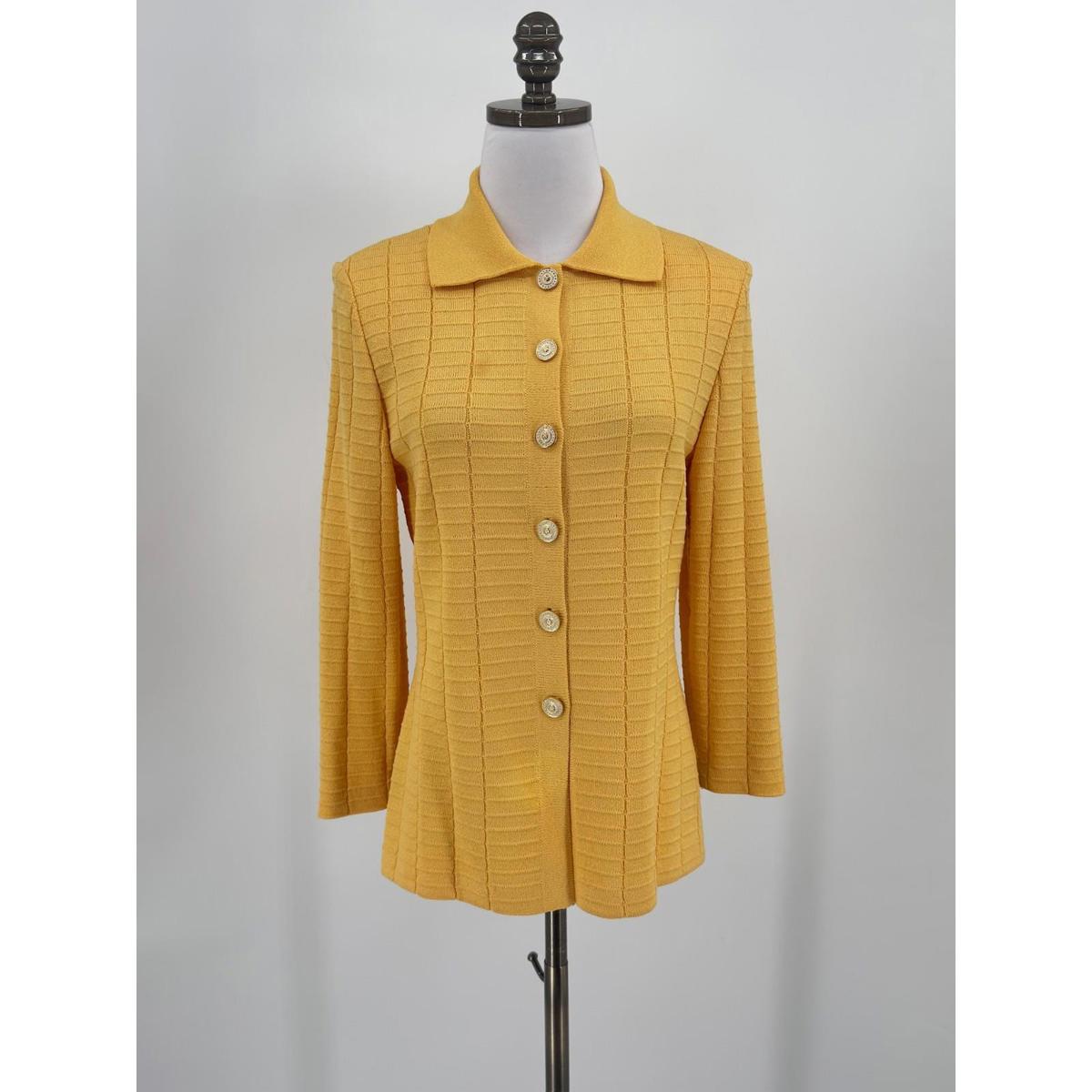St. John Collection Yellow Textured Collared Enamel Logo Button Cardigan Sz 4